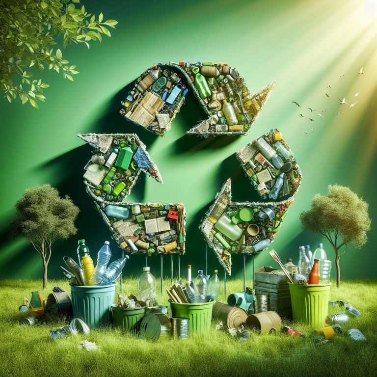 Stacked recyclable materials including plastic, glass, and cardboard, symbolizing sustainable packaging and recycling efforts.